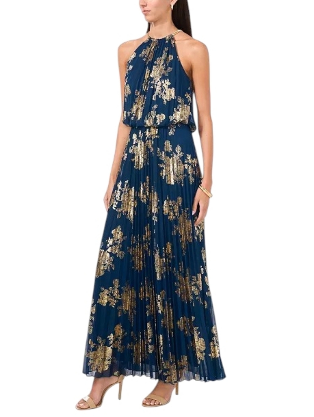 Nwt MSK Colbalt Blue Halter Maxi Dress Gold Floral Metallic Accents Necklace 12